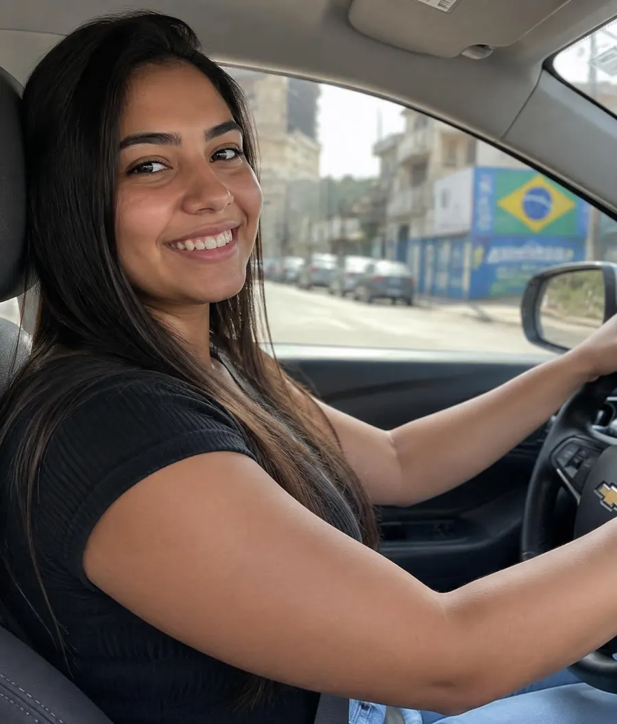 Jovem brasileira sorrindo ao volante de um carro
